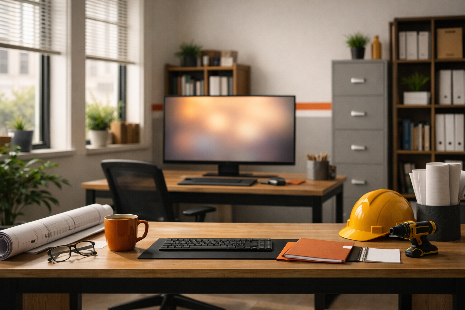 Professional contractor office with morning light, hard hat, blueprints, and a clean workspace